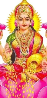 Colorful Hindu goddess seated on lotus.