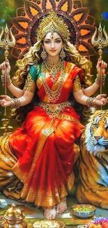 Vibrant goddess with tiger, red attire wall art.