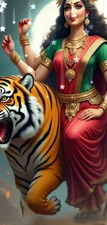 Digital art of a goddess riding a tiger, vibrant and mystical.