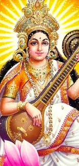 Vibrant image of Goddess Saraswati playing veena.