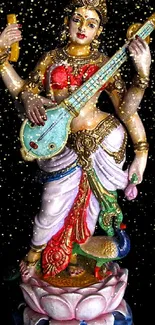 Intricate and colorful statue of goddess Saraswati for mobile wallpaper.