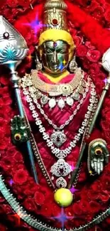 Goddess adorned with jewelry and surrounded by red roses.