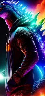 Vibrant Godzilla in a hoodie with colorful lights.