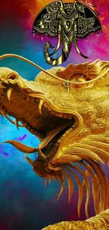 Gold dragon with vibrant colors in wallpaper design.