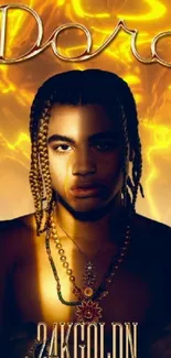 Music artist with braided hair and vibrant gold background wallpaper.