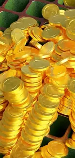 A vibrant stack of golden coins featured on a mobile wallpaper.