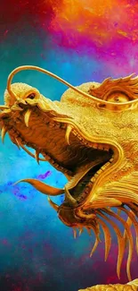 Vibrant golden dragon on colorful background wallpaper.