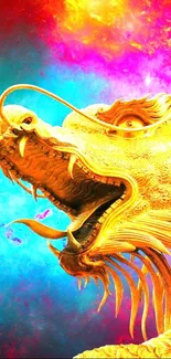 Golden dragon with vibrant blue and purple background.