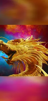 Golden dragon in vibrant cosmic setting wallpaper.