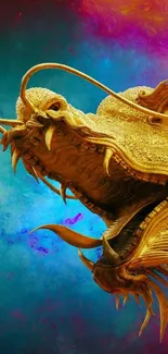 Golden dragon head with vibrant blue and purple background wallpaper.