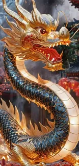 Golden dragon with vibrant scales in detailed design.