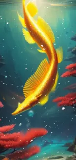 Golden fish swimming in a vibrant underwater world with colorful corals.