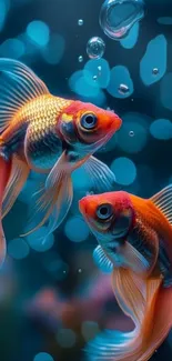 Goldfish swimming in a blue bubbly aquarium