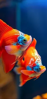 Two vibrant goldfish swimming gracefully in a colorful aquatic scene.