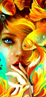 Vibrant goldfish with mystical face in colorful, artistic wallpaper design.