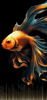 Vibrant artistic goldfish with flowing fins on black background.