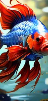 Vibrant blue and red goldfish art wallpaper.