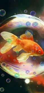 Goldfish in a colorful, shimmering bubble on a wallpaper.