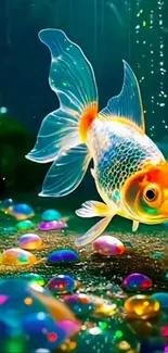 Vibrant goldfish surrounded by colorful bubbles in a fantasy scene wallpaper.