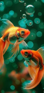 Vibrant goldfish swimming in mesmerizing aqua background with bubbles.