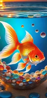 Goldfish swimming in a colorful bowl with gems and bubbles.