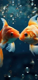 Vibrant goldfish swimming in dark blue water with bubbles.