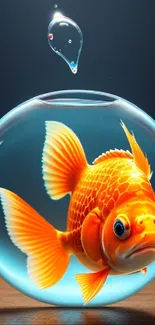 A vibrant goldfish inside a glass bowl with a water drop above and blue background.