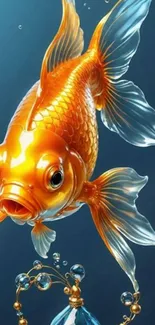 Vibrant goldfish with flowing fins on blue background.
