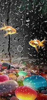 Goldfish and colorful pebbles with raindrop effect wallpaper.