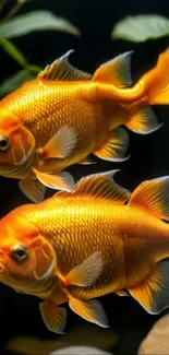 Two vibrant goldfish swimming underwater in a serene aquatic setting.