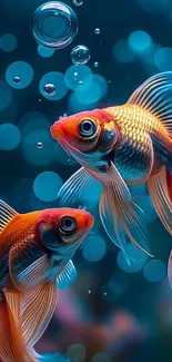 Mobile wallpaper featuring vibrant goldfish and bubbles underwater.