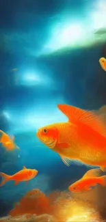 Vivid orange goldfish swimming in a serene blue underwater seascape.