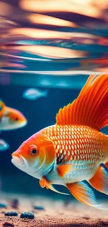 Vibrant goldfish swimming in blue water with pebbles.