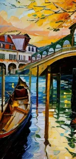 Vibrant painting of gondola at sunset over a European canal with a bridge.