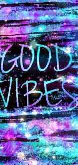 Colorful 'Good Vibes' neon phone wallpaper with vibrant blue and purple hues.