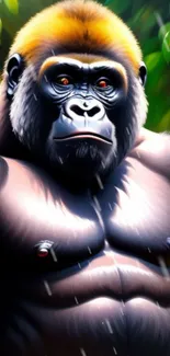 Vibrant artistic illustration of a gorilla in a lush jungle setting.