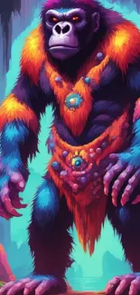 Colorful fantasy gorilla art wallpaper with cyan background.