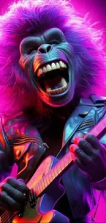 Gorilla playing guitar in neon pink glow.