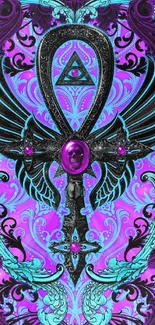 Gothic ankh wallpaper with purple hues.