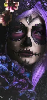 Gothic art wallpaper with skull makeup and purple flowers.