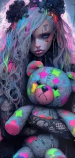 Gothic art with colorful teddy bear and vibrant neon hues.