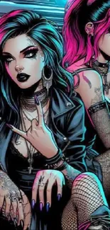 Vibrant gothic artwork with bold pink and blue hues showcasing an edgy style.