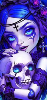 Gothic art wallpaper with a mystical, vibrant blue and purple character holding a skull.