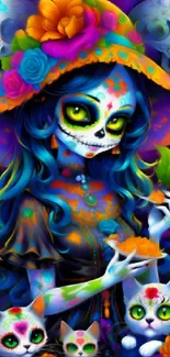 Colorful Day of the Dead art wallpaper with flowers and cats.