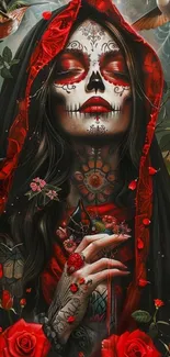 Gothic art wallpaper with dramatic face paint and vibrant red roses.