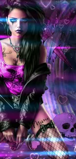 Gothic-themed neon mobile wallpaper featuring a stylish, tattooed character.