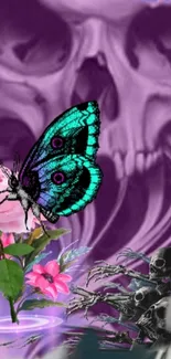 Vibrant butterfly with gothic skull background on a mobile wallpaper.