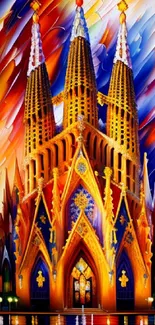 Vibrant Gothic cathedral art wallpaper with colorful hues and intricate details.