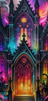 Vibrant Gothic cathedral with neon colors and intricate design.