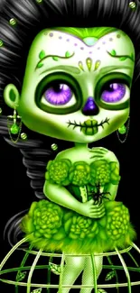 Gothic doll art with neon green and purple hues on a black background.